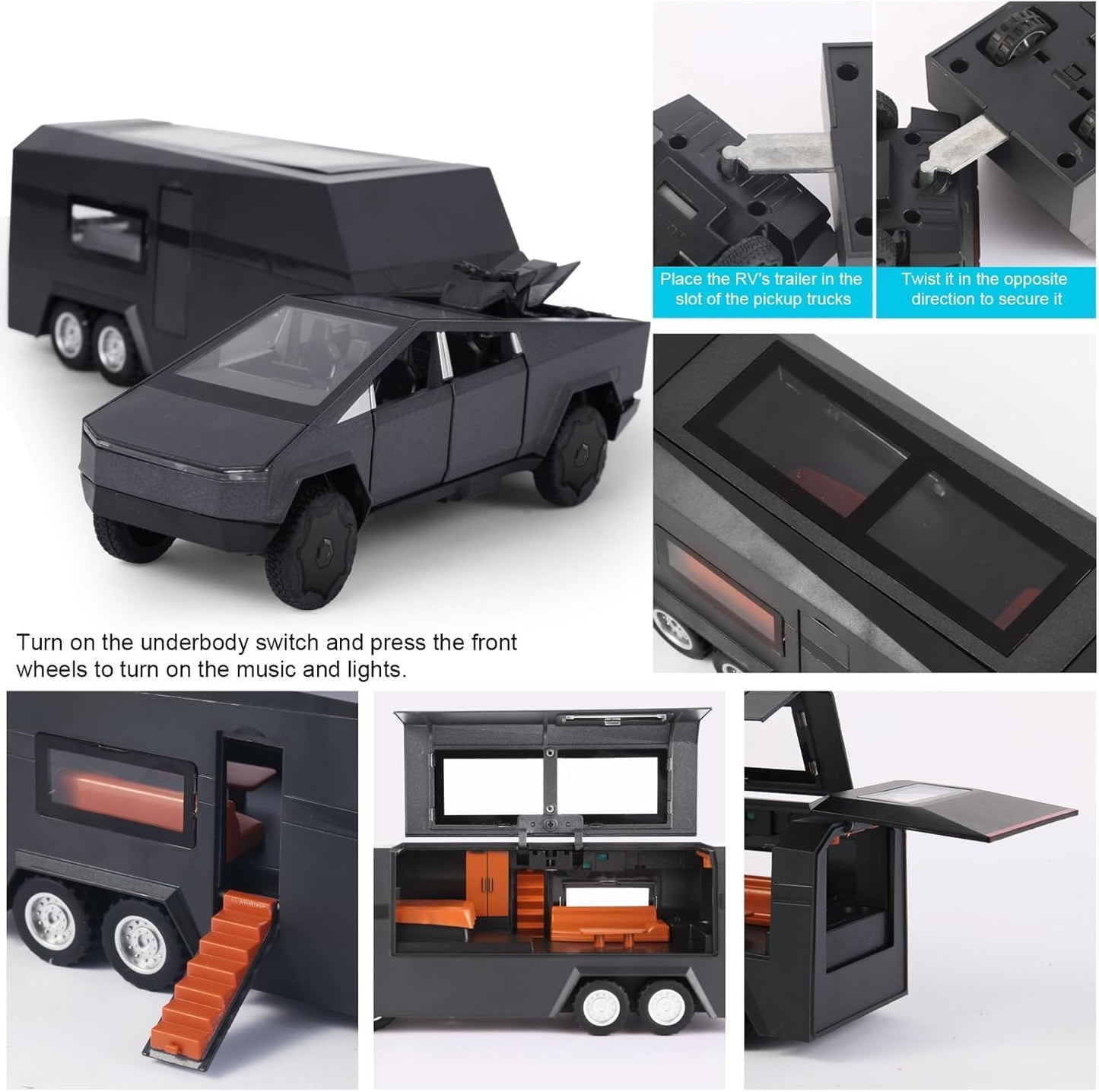 Tesla Cyber Truck Pick-up Trailer Camper Diecast Scale Model Car